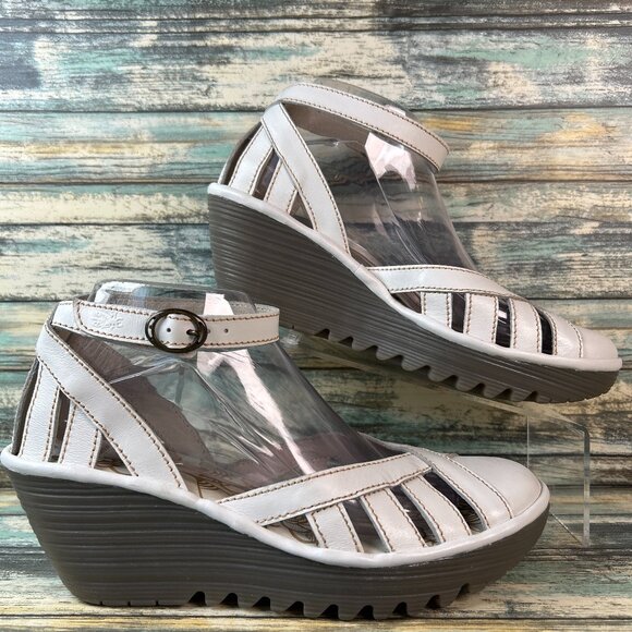 Fly London Sandals Womens Size 9-9.5 White Leather Dress Ankle Strap Wedge - Picture 1 of 10